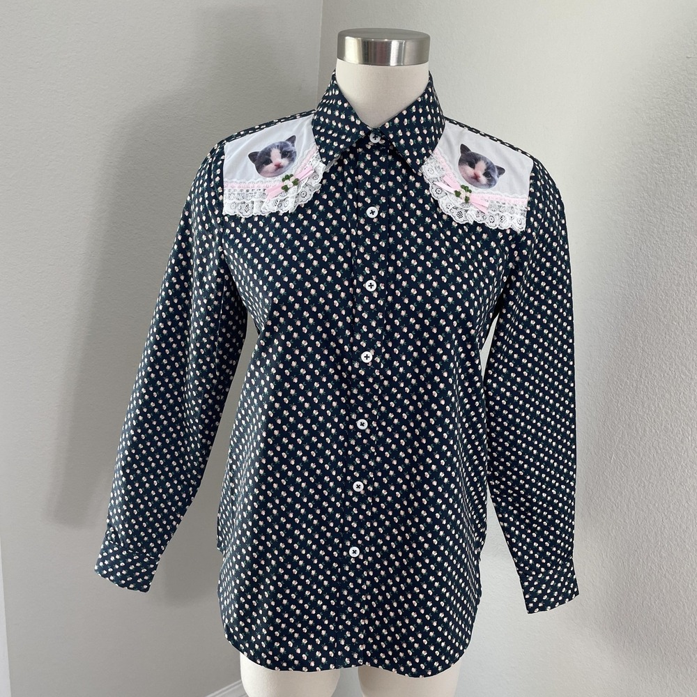 NEW Paul & Joe Sister Shirt Womens 0 Blue Floral Kitten Cat Button Front Top